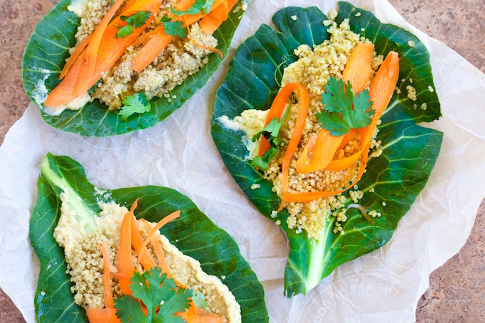 Wraps de hojas verdes, burritos veganos de hojas verdes con hummus y quinoa.