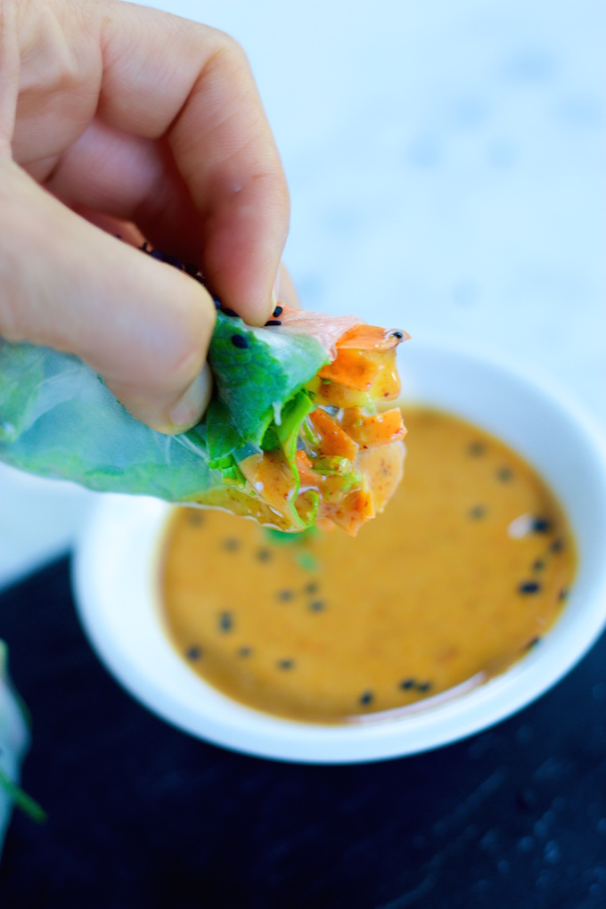 Spring rolls de verduras con salsa de almendra