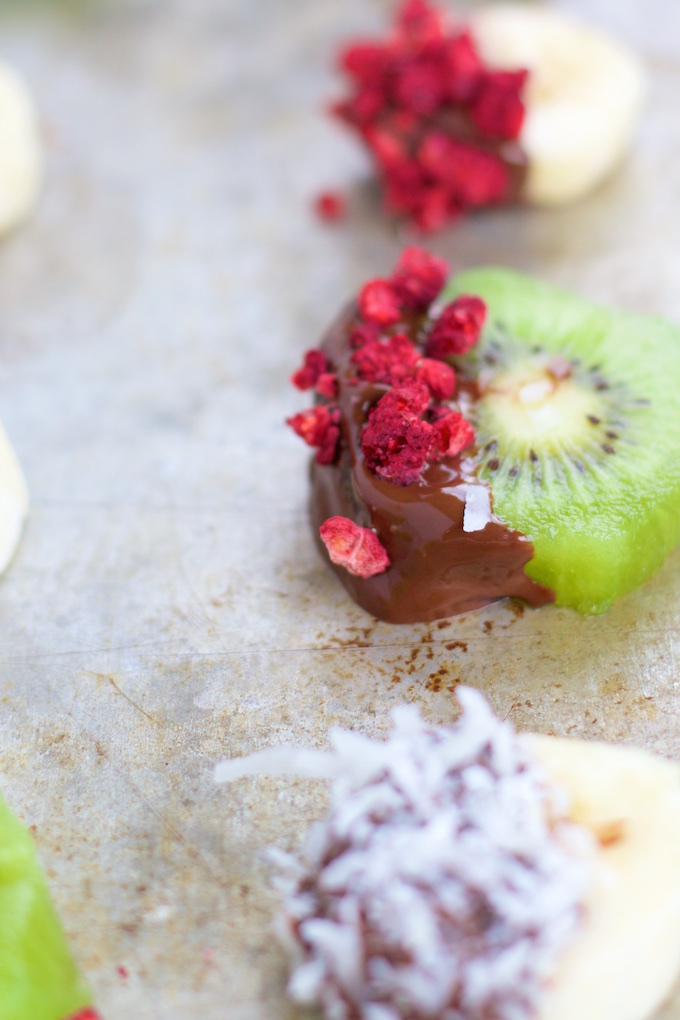 Chocolate covered frozen fruit bites