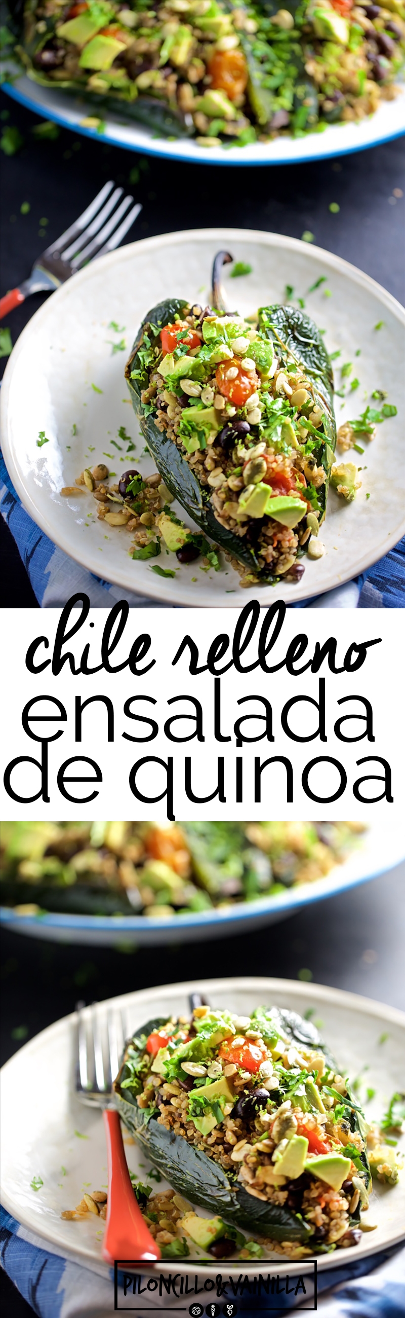 Esta receta de chiles rellenos de ensalada de quinoa y frijol negro con tomates cherry rostizados y semillas de girasol es una verdadera delicia. Es una receta fáciles, rápida y con sabor a comida mexicana, mexicana vegana.