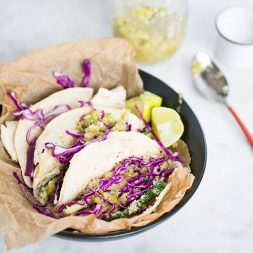 Tacos de calabacita empanizada, tacos vegan.