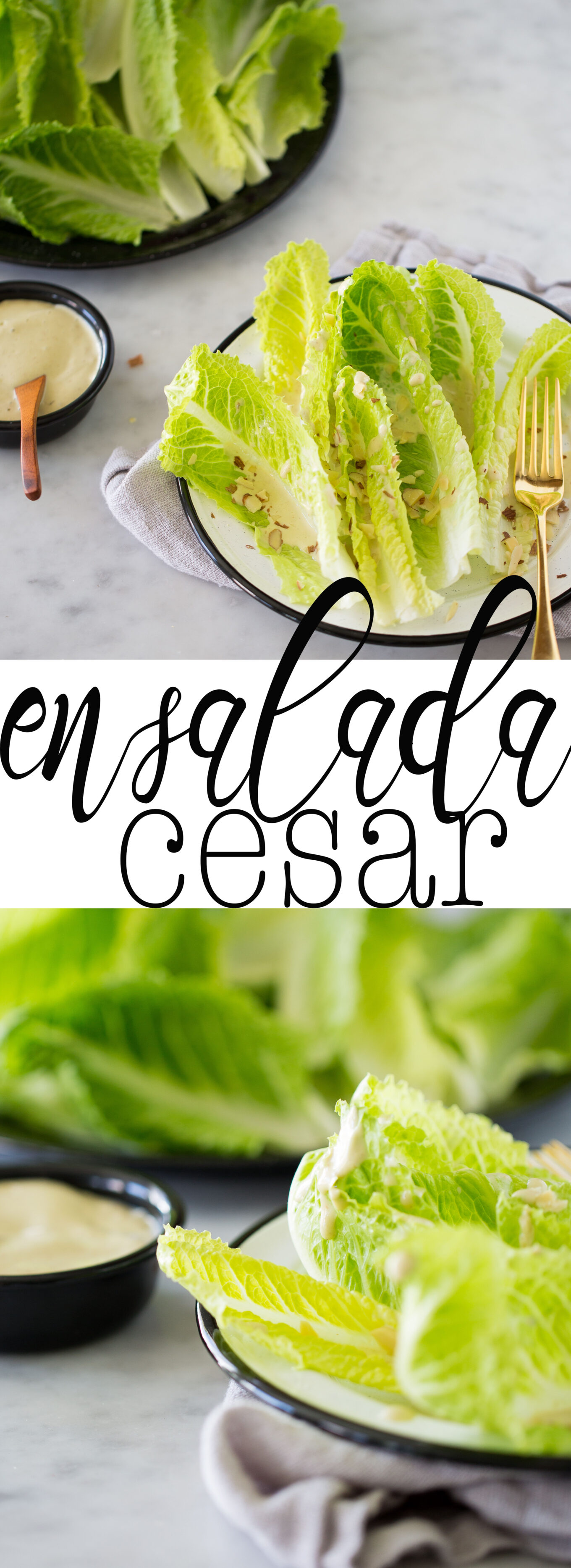 REceta de ensalada cesar vegana, el aderezo está hecho con almendras, alcaparras y jugo de lión, entre otros ingredientes.