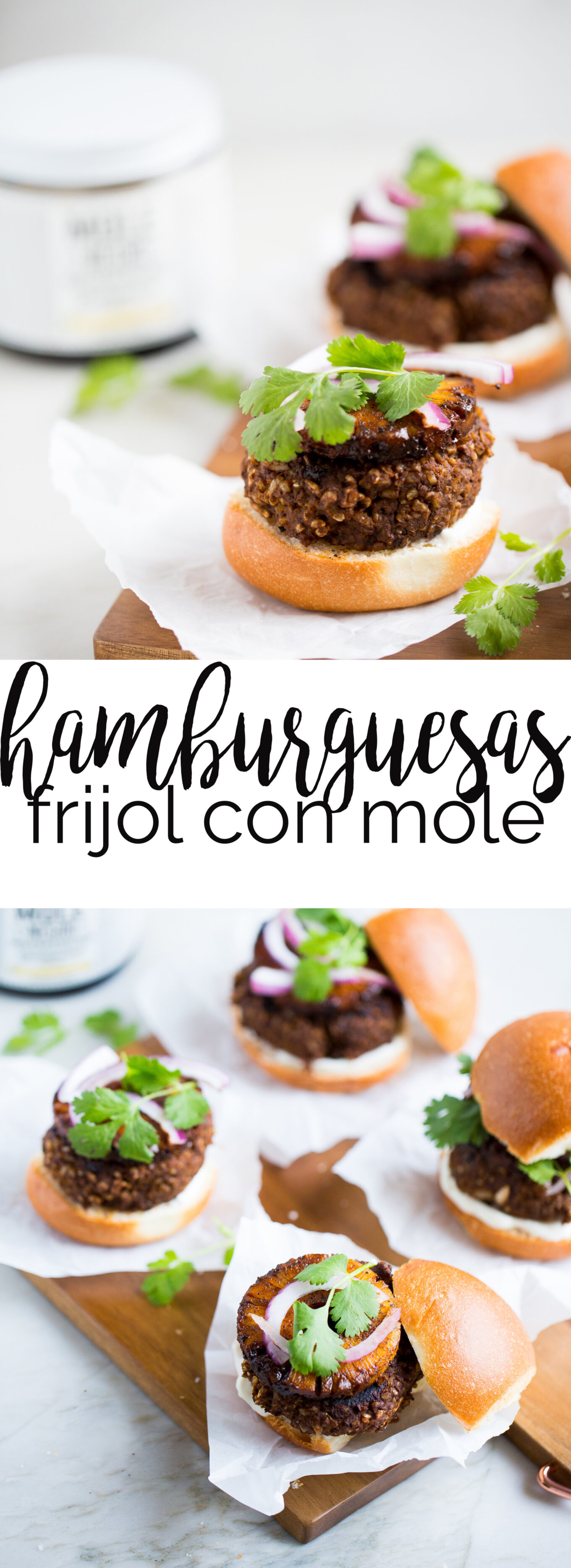 Receta de hamburguesas de frijol con mole y piña asada. Hamburguesa vegana con sabores mexicanos.