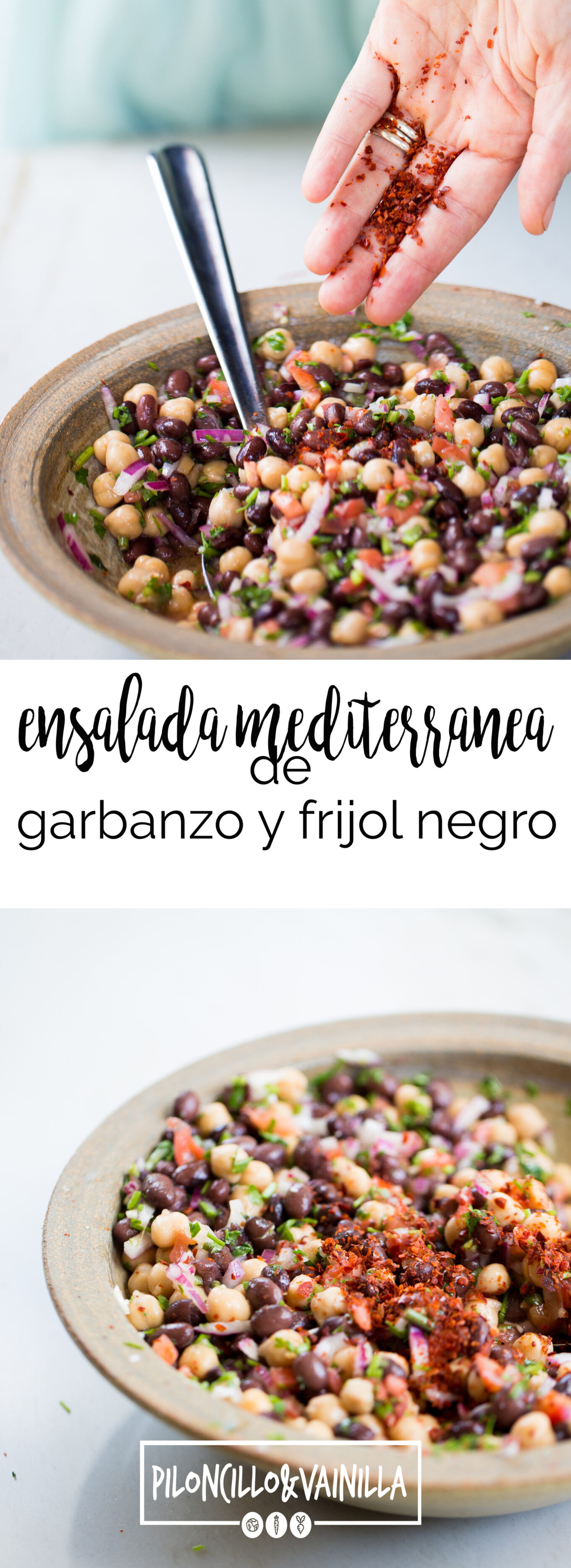 Receta de ensalada mediterranea de ensalada de garbanzo y frijol negro.