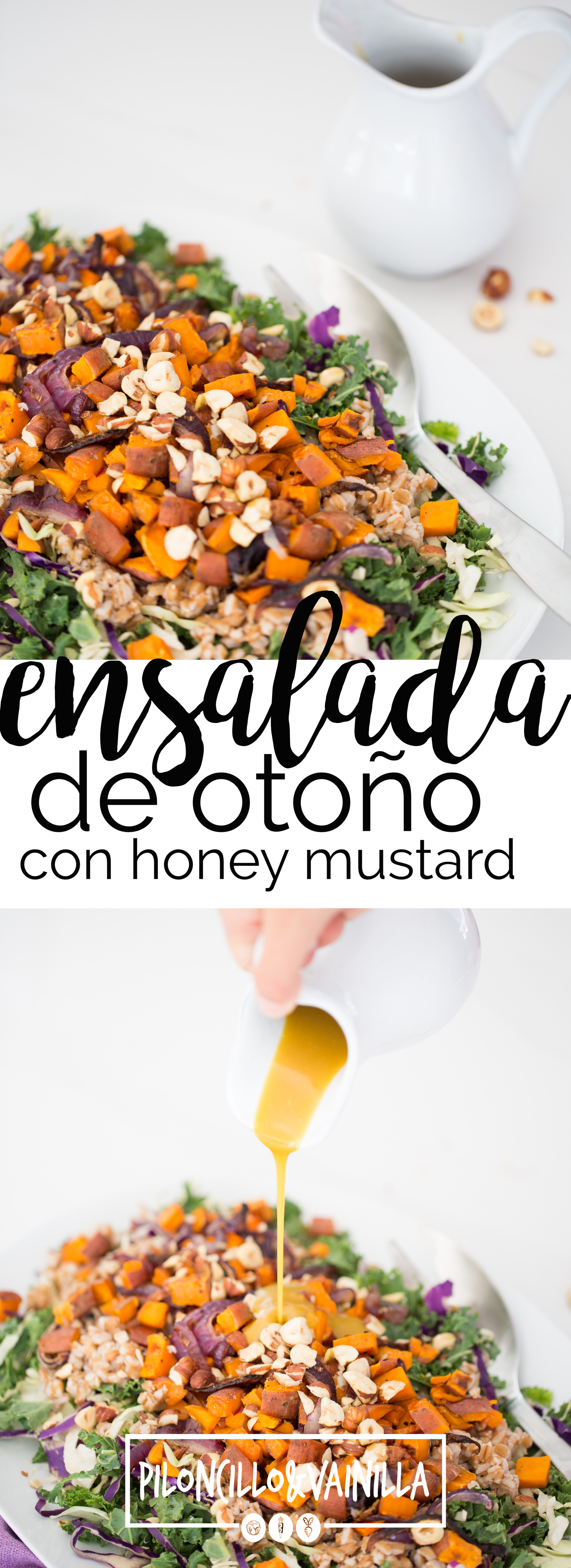 Esta receta de ensalada de otoño con aderezo honey-mustard vegano es la única receta de ensalada que necesitas para este otoño, pruébala.