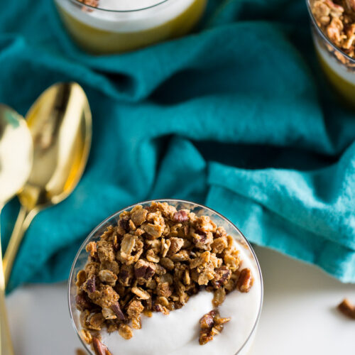 Delicious recipe for vegan pumpkin pie parfait with pecan granola clusters. You can decide if you'll eat it for breakfast or dessert.