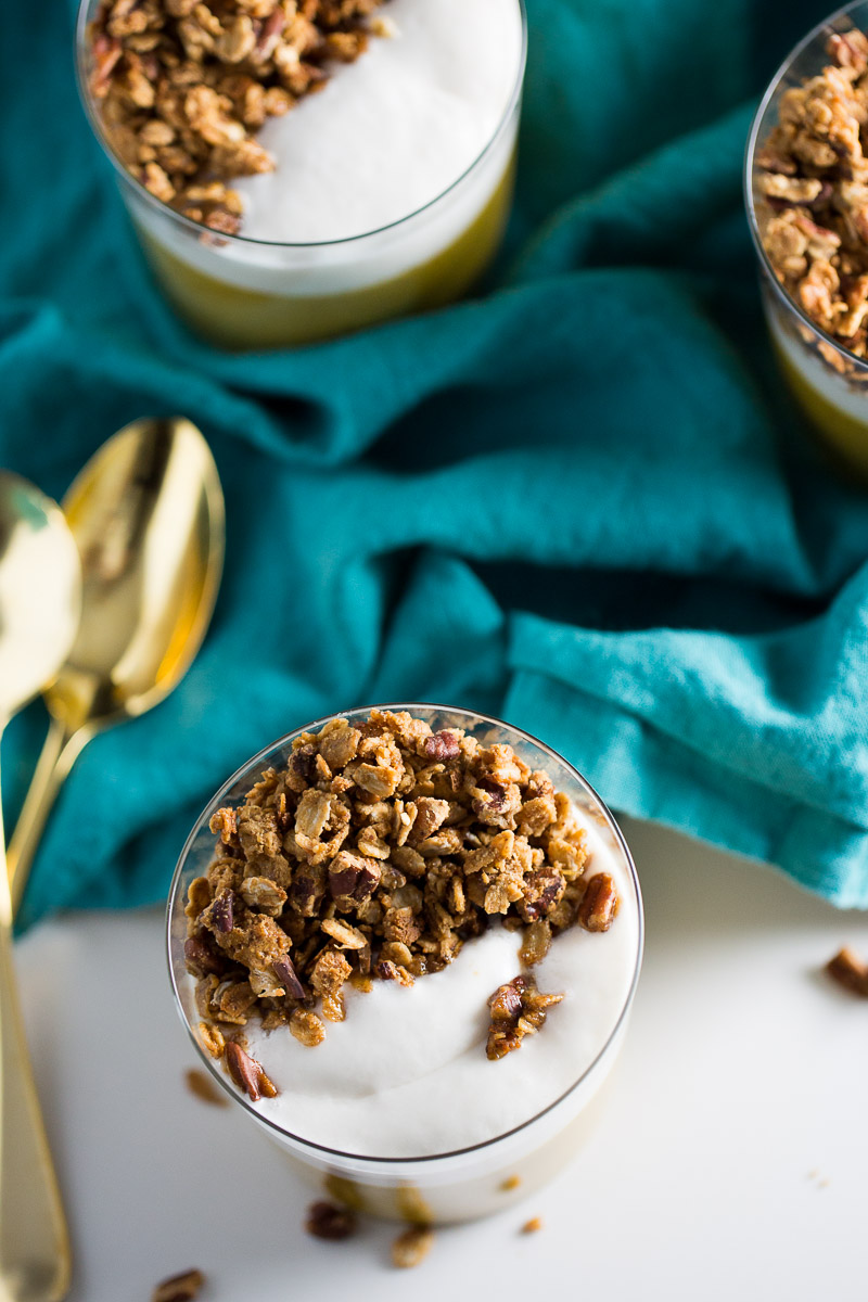 Delicious recipe for vegan pumpkin pie parfait with pecan granola clusters. You can decide if you'll eat it for breakfast or dessert.