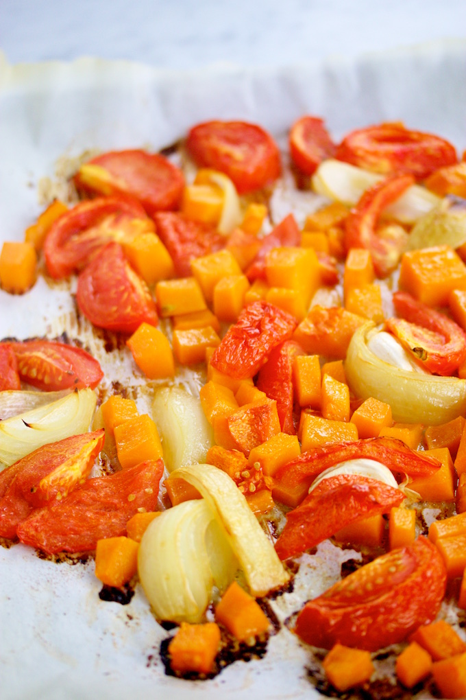 tomates, butternut squash, y cebolla cocidos