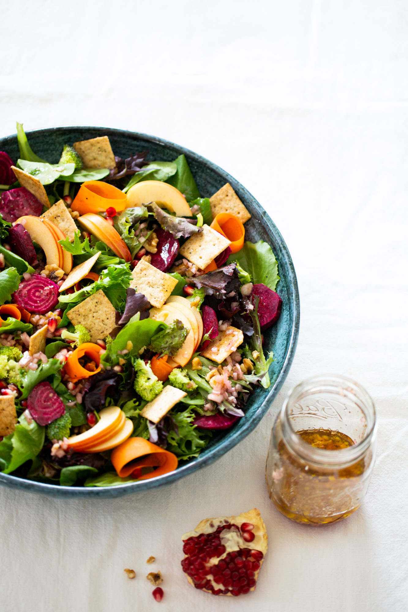 autumn panzanella in a blue platter