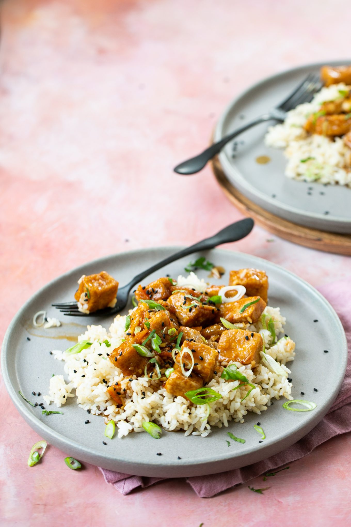 Tofu crujiente a la naranja sobre arroz 