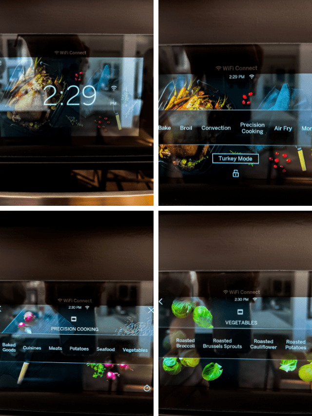 Cuatro imágenes de un horno microondas con un reloj que muestra la hora.