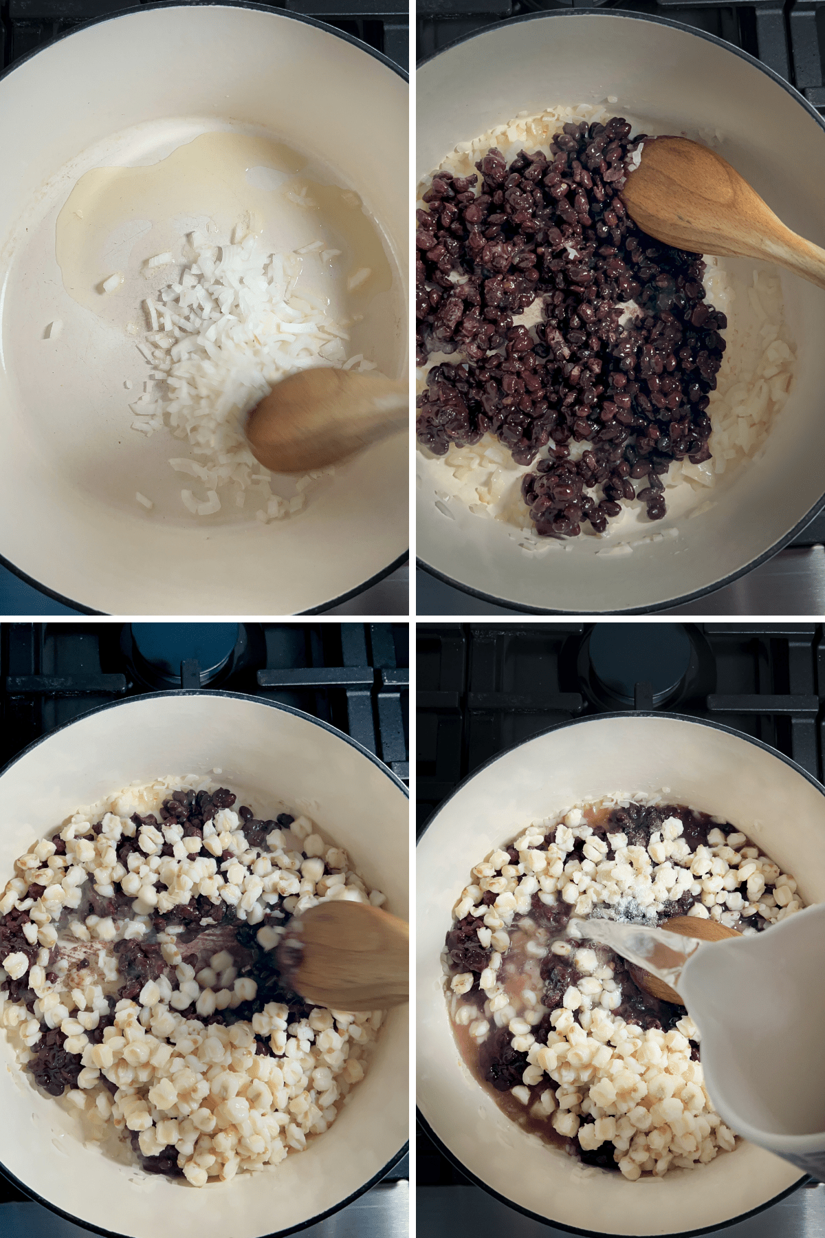 Cuatro pasos para hacer pozole con frijol negro: saltear la cebolla, agregar el frijol, incorporar el ma&iacute;z pozolero y verter el caldo