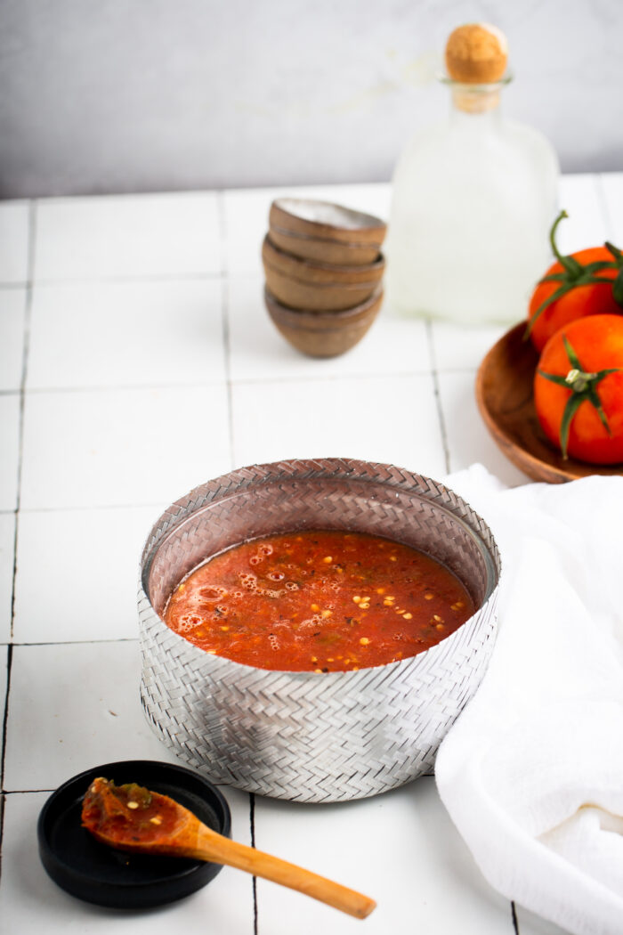 Authentic mexican salsa in a traditional salsera