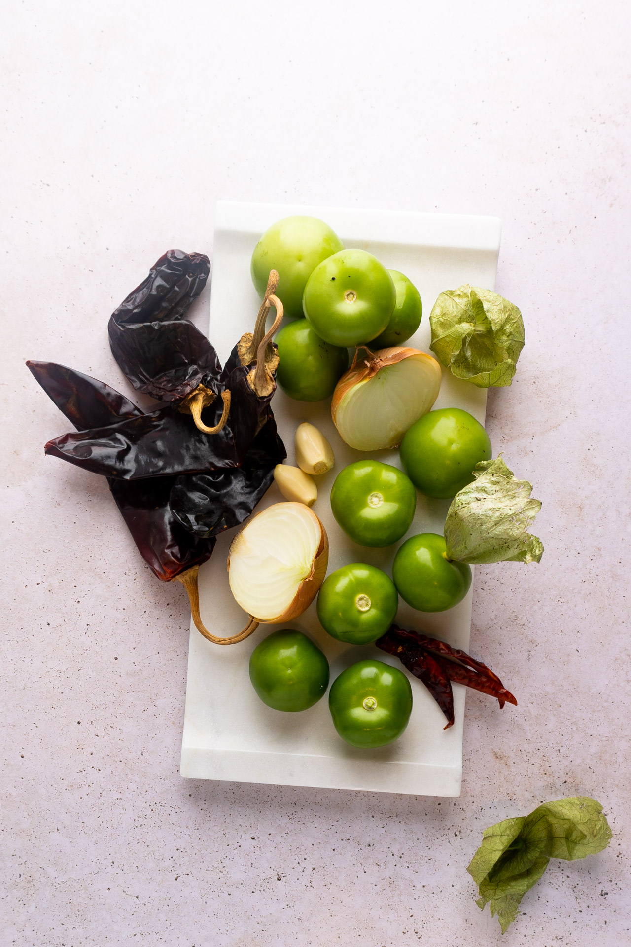 Tomatillos frescos, cebolla, dientes de ajo y chiles secos en un plato blanco rectangular.