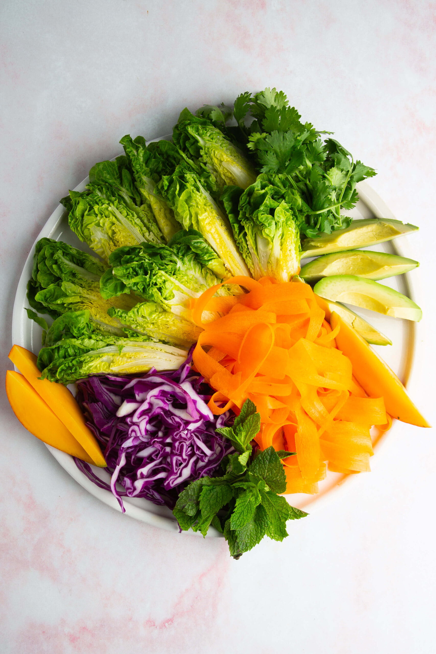 A white plate with neatly arranged fresh vegetables and fruits—romaine lettuce, avocado slices, cilantro, shredded purple cabbage, carrot ribbons, mango slices, and fresh mint—creates an ensalada crujiente. Perfect served with a creamy aderezo de cashew.