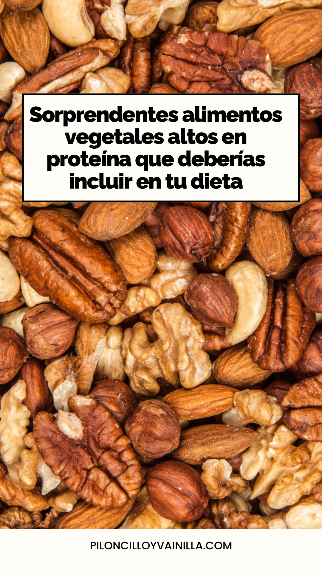 Un montón de frutos secos con una cita que dice proteínas vegetales y recetas veganas.