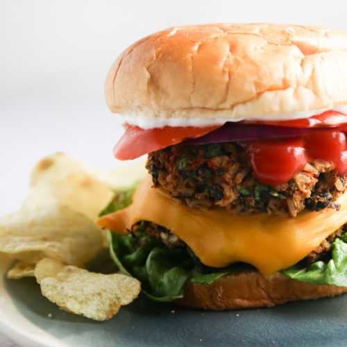 Una hamburguesa inspirada en el suroeste en un plato con patatas fritas.