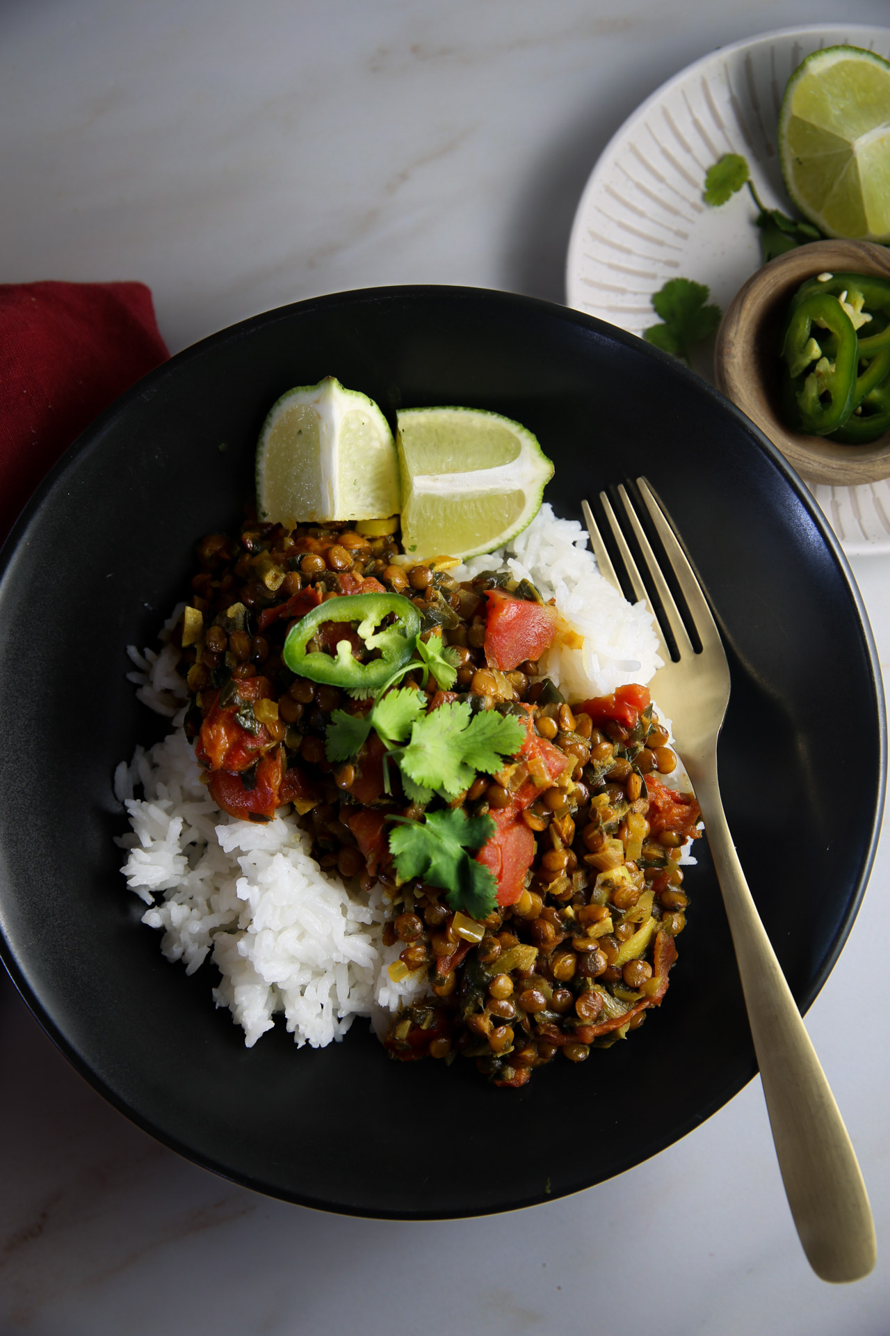 Un plato de arroz y dhal sobre una mesa.