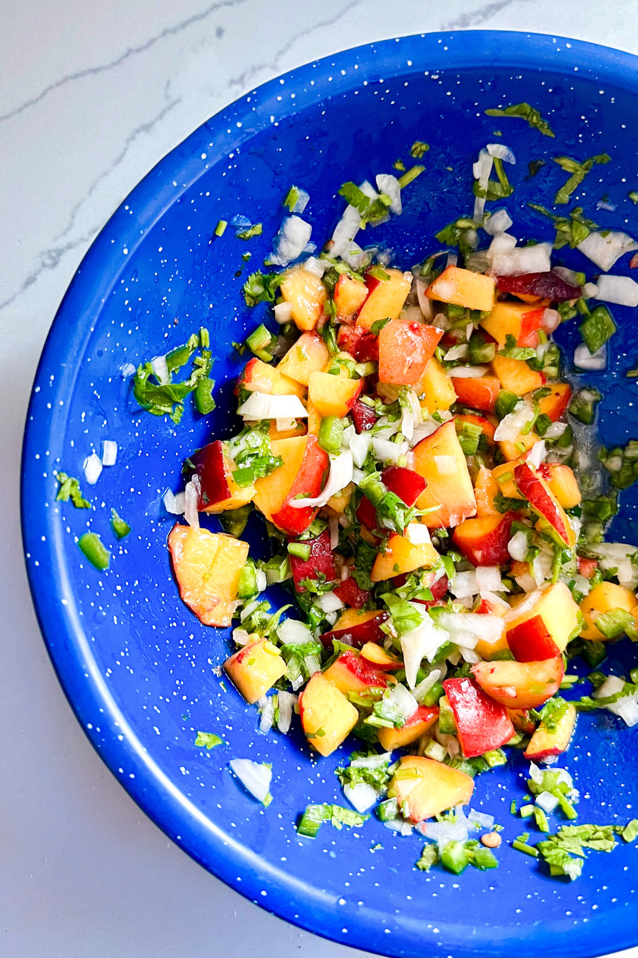 Pico de gallo de durazno fresco en un bowl con durazno picado, cebolla morada, jalape&ntilde;o, cilantro y lim&oacute;n.