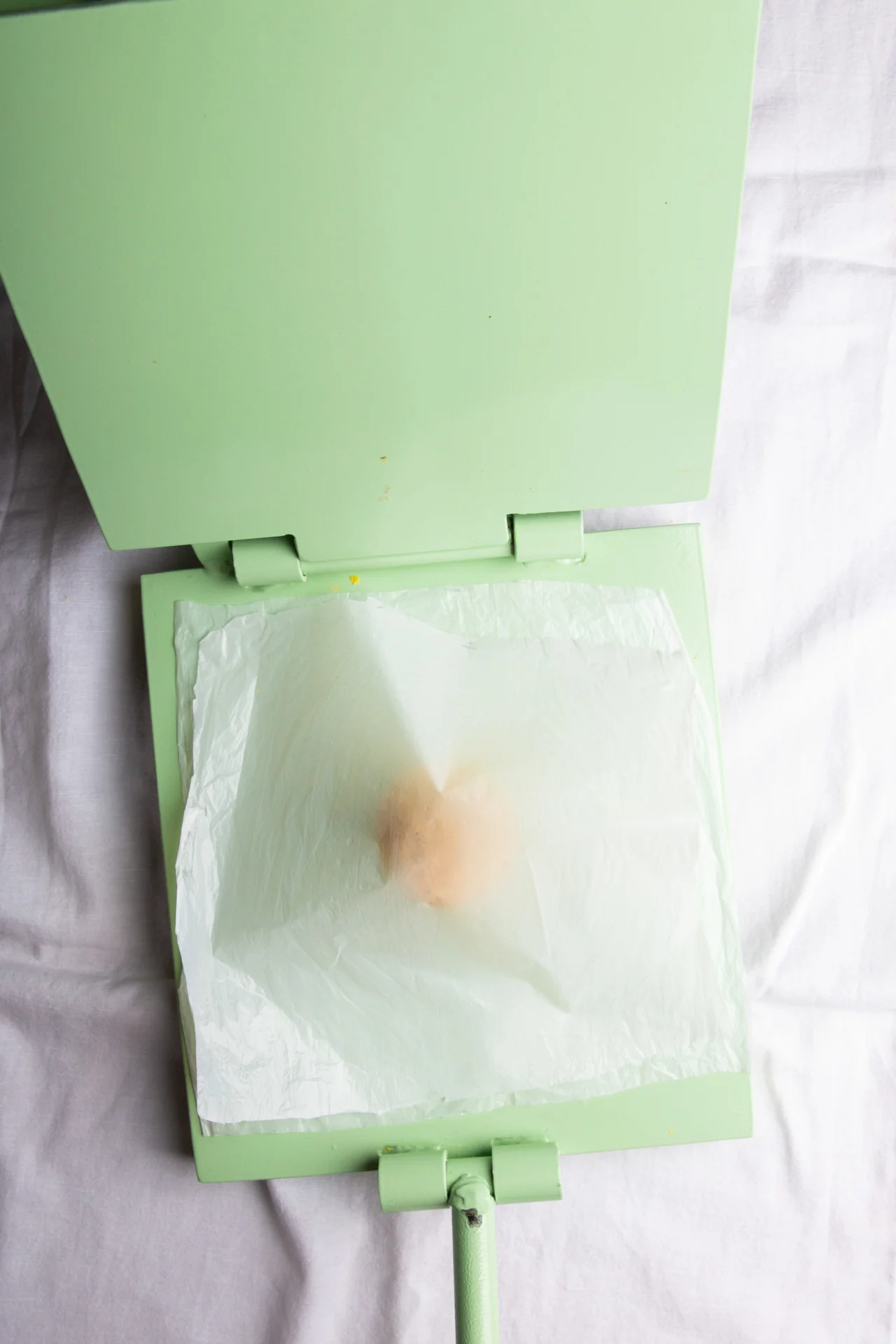 A green sandwich maker is open on a white surface. Inside, a ball of dough sits on parchment paper, ready to be pressed into homemade corn tortillas. The parchment covers the dough to prevent sticking while making corn tortillas.