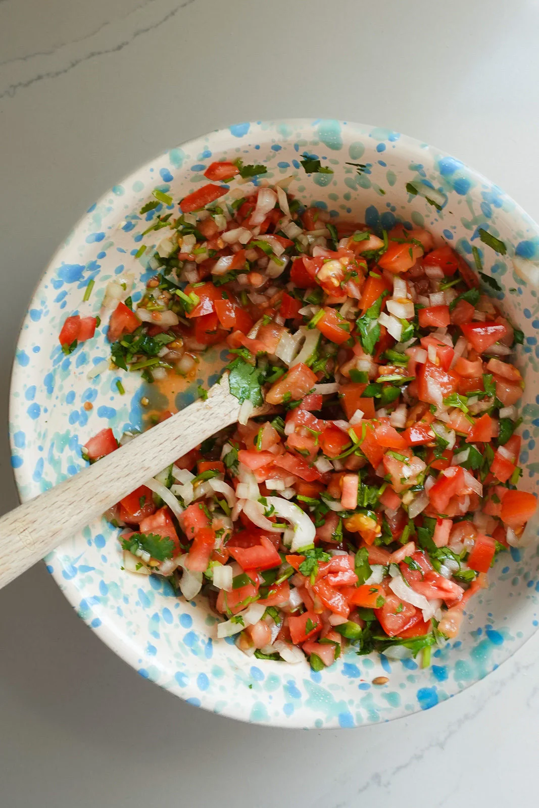 Pico de gallo con tomate, cebolla, cilantro y jalape&ntilde;o picados en un bowl de cer&aacute;mica con cuchara de madera