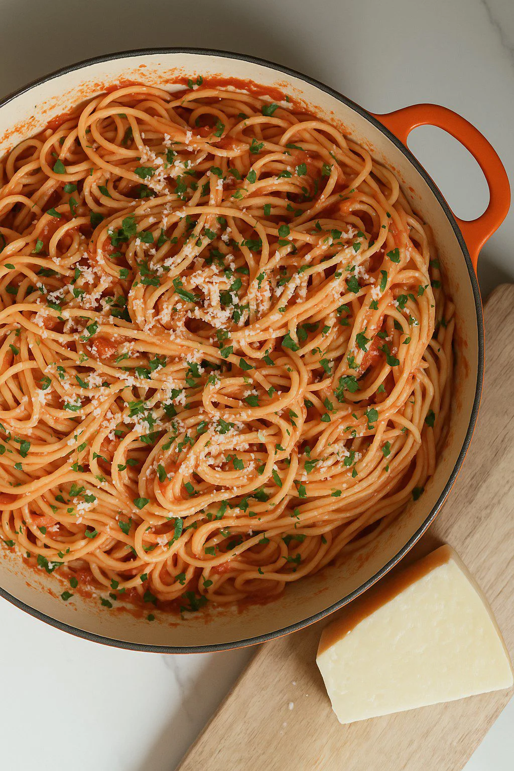 Vista superior de una olla llena de espaguetis en salsa de tomate roja, adornada con cebollino picado y queso rallado. La olla tiene un asa naranja y reposa sobre una tabla de cortar de madera. Un bloque de queso reposa sobre la tabla junto a la olla. El fondo es una superficie blanca.