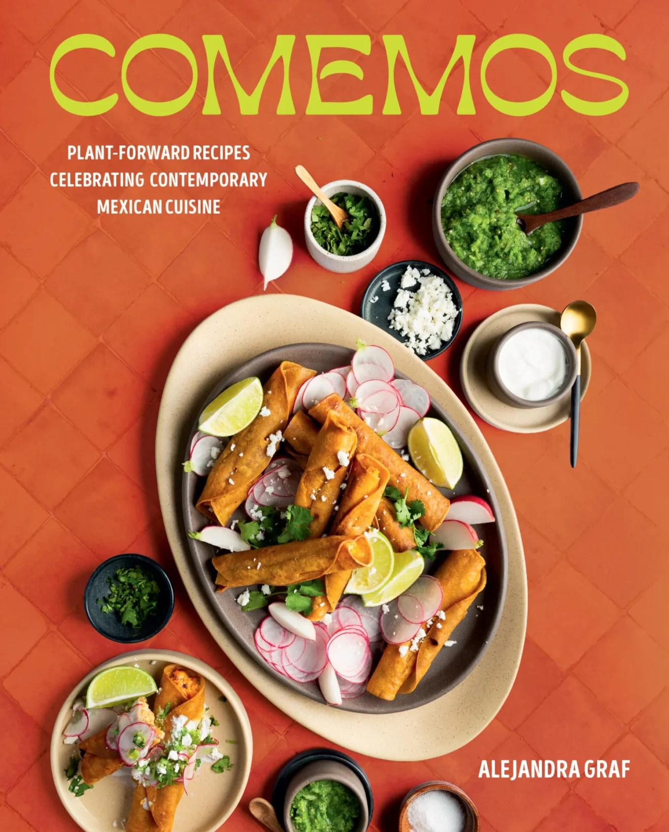 Portada del libro de cocina Comemos de Alejandra Graf con taquitos crujientes.